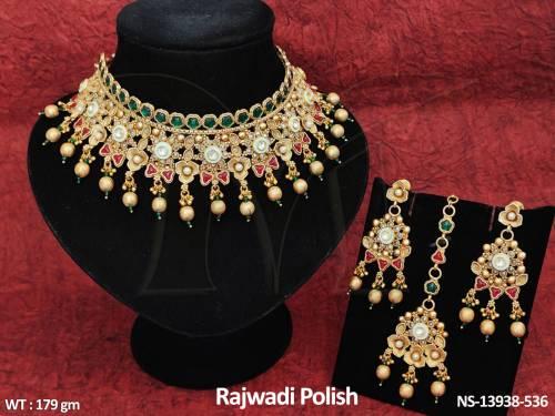 Designer Golden Clustered Pearl Beautiful Rajwadi Polish Heavy Choker Wedding Wear Kundan Jewellery Kundan Half Bridal Necklace Set 