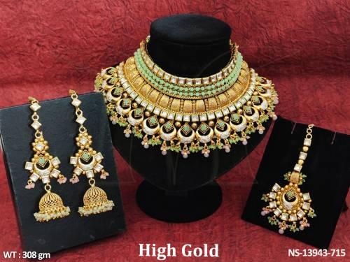 Kundan Stones High Gold Polish Wedding Wear Heavy Kundan Half Bridal Choker Necklace Set 