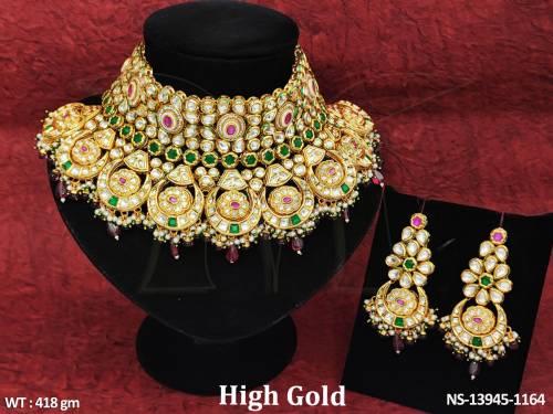 High Gold Polish Kundan Stones Designer Fancy Style Heavy Choker Kundan Necklace Set    