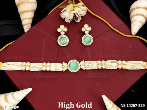 Round Shape Center Stone Designer High Gold Polish Kundan Choker Necklace Set
