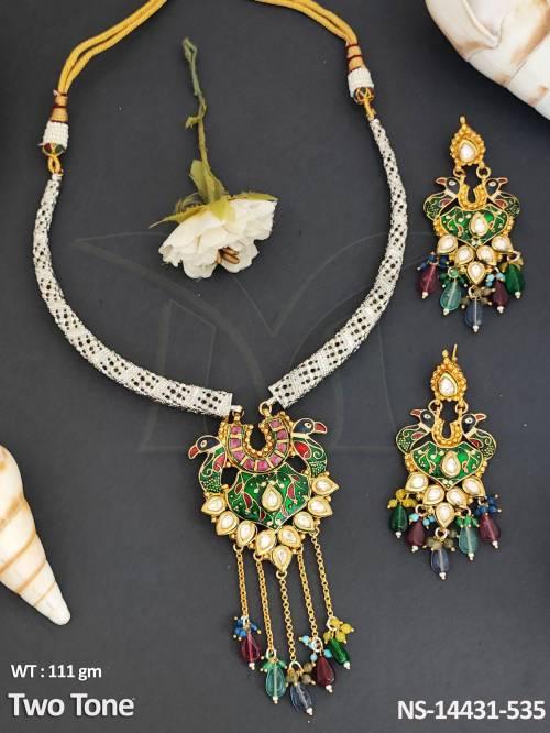 Kundan jewellry Two Tone Polish Fancy Design Kundan Necklace Set 