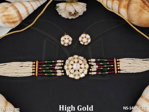 Kundan Jewellery Stylis High Gold Polish Fancy Kemp Choker Necklace Set 