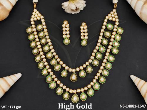 Kundan Jewellery Fashionable High Gold Polish Designer Kundan 2 Layer Long Necklace Set