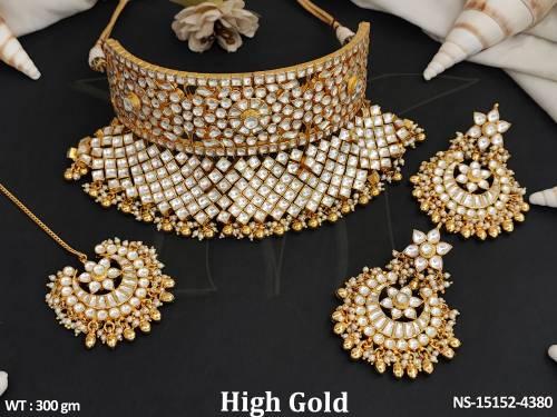 Kundan Full Stone High Gold Polish Clustered Pearl  Party Wear Necklace Set   