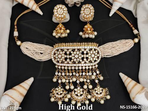 Designer Beautiful Fancy Style Full Stone High Gold Polish Party Wear Necklace Set 