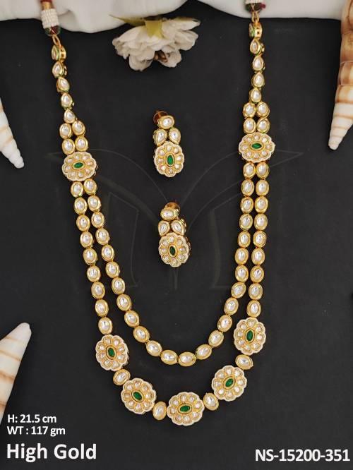 Kundan Jewellery Stylish High Gold Polish 2 Layer Design Long Necklace Set 
