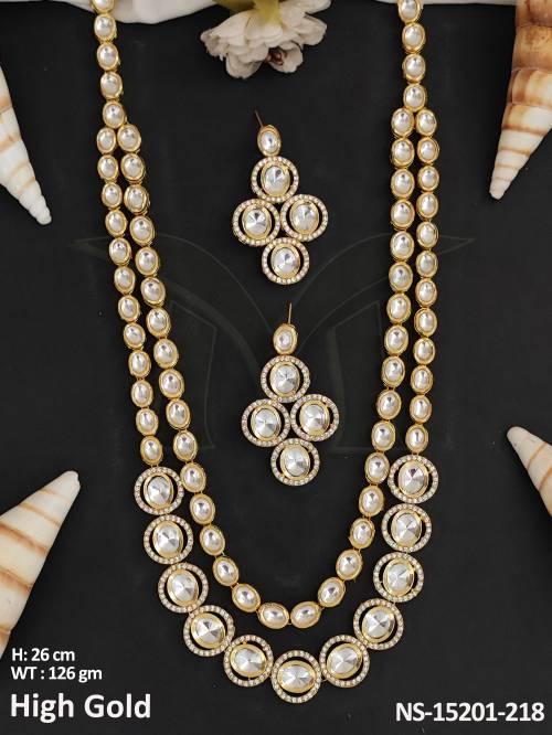 Kundan Jewellery High Gold Polish Fashionable 2 Layer Long Kundan Necklace Set 