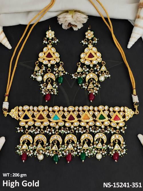 Kundan Jewellery Attractive Design High Gold Polish Cluster Pearl Choker Necklace Set 
