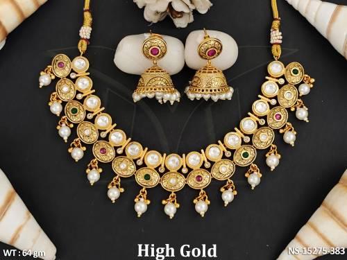 Kundan Jewellery Stylish High Gold Polish Cluster Pearl Neckalce Set 