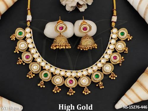 Kundan Jewellery High Gold Polish Golden Cluster Pearl Beautiful Necklace Set 