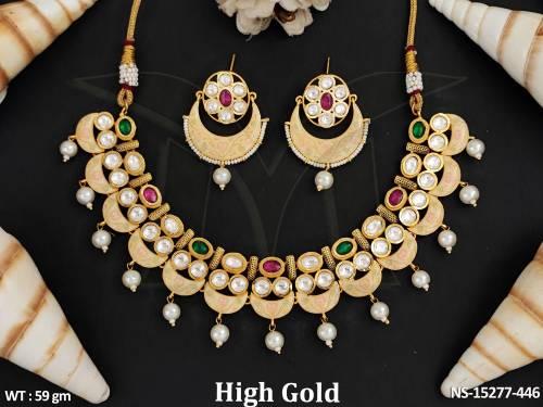 Kundan Jewellery Designer High Gold Polish Party Wear Kundan Necklace Set 