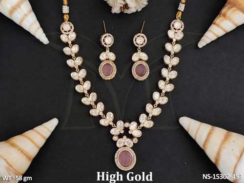 Artificial Jewellery High Gold Polish Fancy Design Full Stone Kundan Necklace Set 