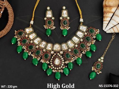 Kundan Jewellery Beautiful Designer Kundan Necklace Set High Gold Polish 