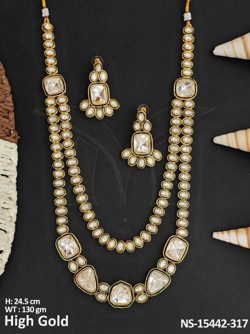 Beautifully Designed High Gold Polish Long 2 Layer Kundan Necklace Set