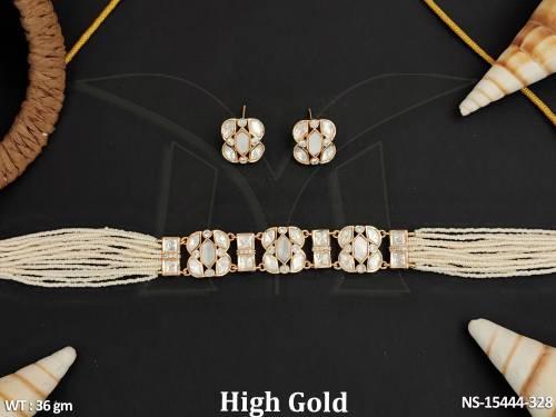 Kundan Jewellery Fashionable High Gold Polish Choker Necklace Set 