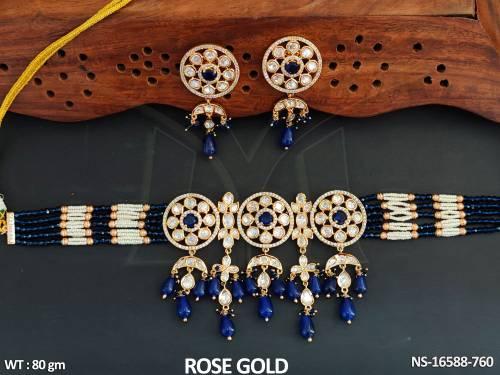 Designer Full Stone Rose Gold Polish Fancy Style Necklace Set   — NS-16588-760