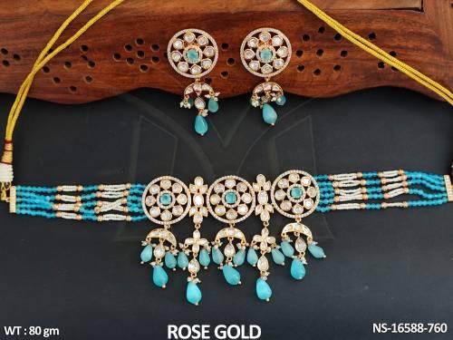 Designer Full Stone Rose Gold Polish Fancy Style Necklace Set   — NS-16588-760