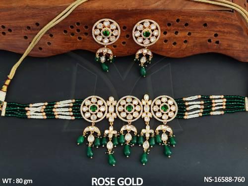 Designer Full Stone Rose Gold Polish Fancy Style Necklace Set   — NS-16588-760