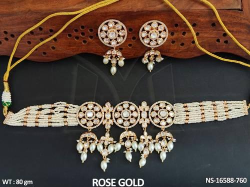 Designer Full Stone Rose Gold Polish Fancy Style Necklace Set   — NS-16588-760