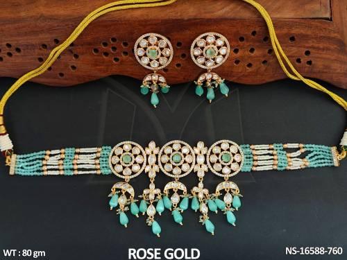 Designer Full Stone Rose Gold Polish Fancy Style Necklace Set   — NS-16588-760