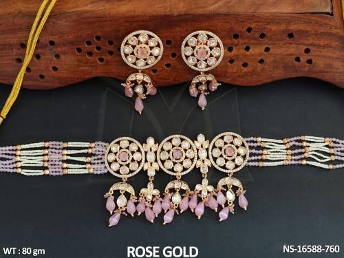 Designer Full Stone Rose Gold Polish Fancy Style Necklace Set   — NS-16588-760