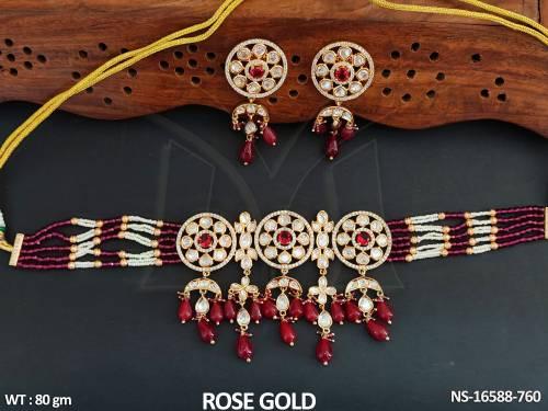 Designer Full Stone Rose Gold Polish Fancy Style Necklace Set   — NS-16588-760