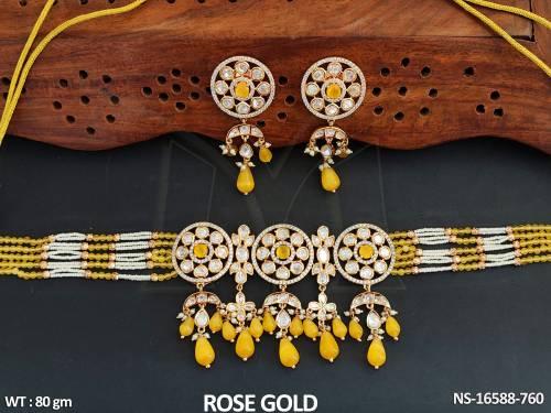 Designer Full Stone Rose Gold Polish Fancy Style Necklace Set   — NS-16588-760