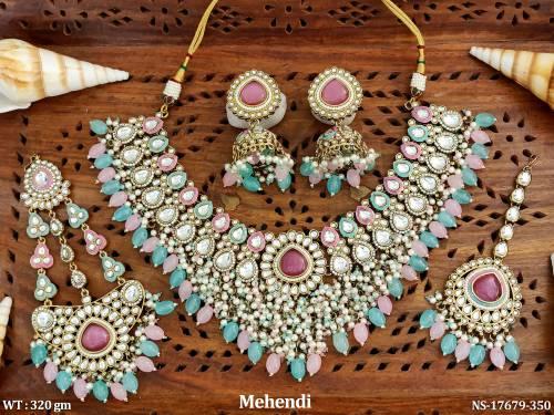 Mehendi Kundan Bridal Necklace Set with Earrings Maang Tikka & Jhumkas