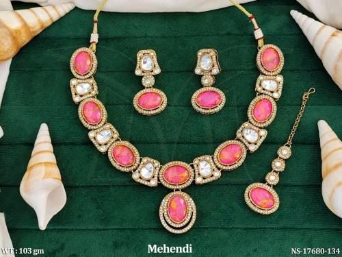Vibrant Multicolor Oval Stone Necklace Set with Earrings & Maang Tikka