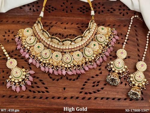 Kundan Designer High Gold Polish Fancy Style Choker Necklace Set   