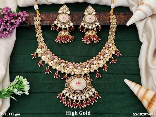 Heavy Kundan Necklace Set in High Gold Finish 