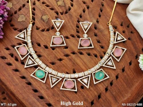 Designer High Gold Polish Full Stone  Short Necklace Set   