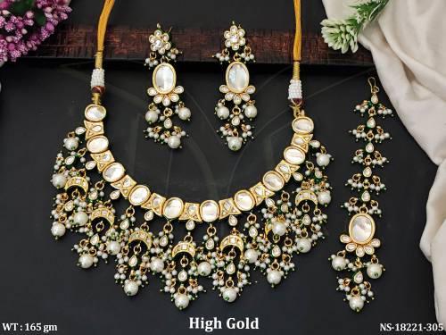 Kundan Designer Clustered Pearl  High Gold Polish Necklace Set    