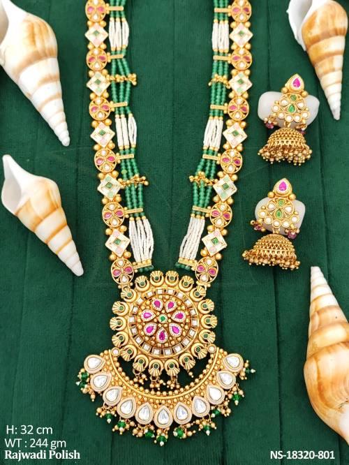 Kundan Designer Rajwadi Polish Full Stone Long Necklace Set   