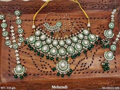Kundan Design   Mehendi Polish Clustered Pearl Necklace Set  
