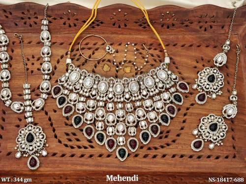 Kundan Design Mehendi Polish Clustered Pearl  Necklace Set   