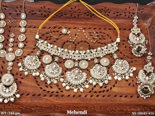 Kundan Full Stone Mehendi Polish Clustered Pearl Party Wear Necklace set   