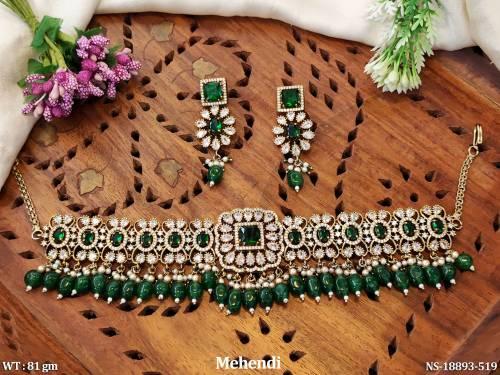 Kundan Clustered Pearl  Mehendi Polish  Full Stone Necklace Set