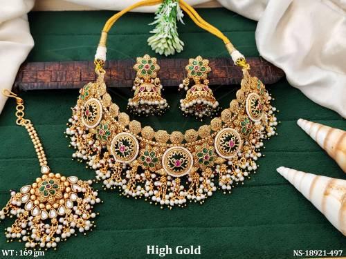 Kundan Clustered Pearl High Gold Polish  Fancy Necklace Set  