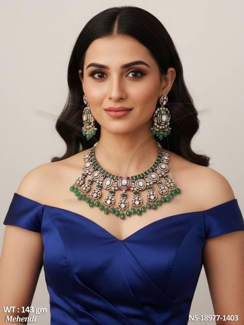 Designer Kundan Mehendi Polish Fancy Style Necklace Set  