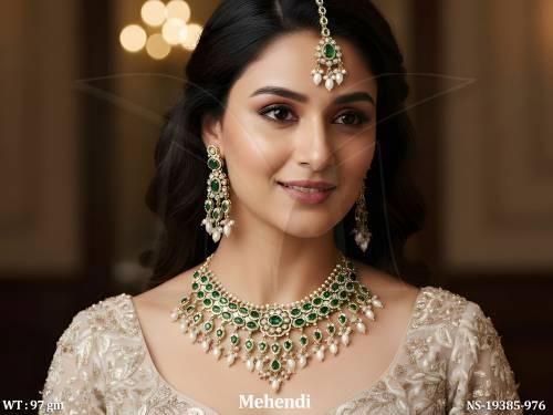 Traditional Mehendi Kundan Necklace Set with Pearl Drops