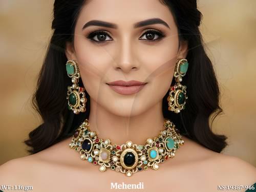 Traditional Mehendi Kundan Necklace Set with Earrings