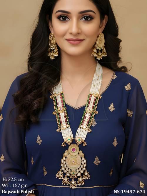 Rajwadi Polish Kundan Long Necklace Set for Women