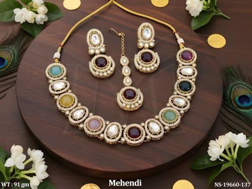 Kundan Design Mehendi Polish Full Stone Short Necklace Set
