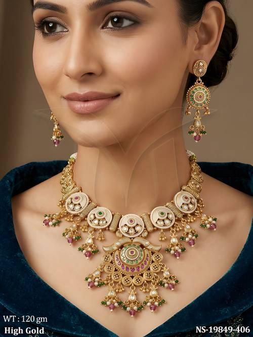 Antique High Gold Kundan Wedding Wear Necklace Set