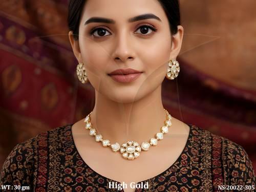 Elegant Designer  High Gold Floral Kundan Necklace Set with Stud Earrings