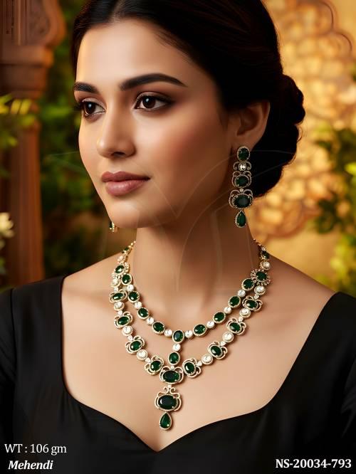 Designer Emerald Stone Bridal Necklace Set Fancy Double Layer Kundan Necklace Set