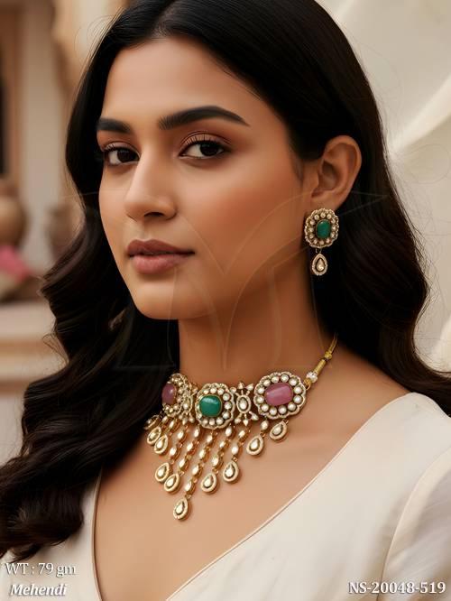 Traditional Pink Green Stone Necklace Set Fancy Bridal Kundan Jewelry Collection