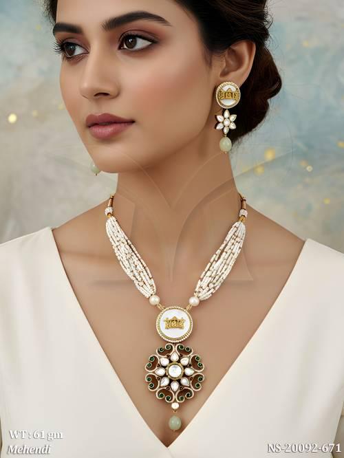 Mehendi Polish Kundan Necklace Set For Festive Wedding Wear
