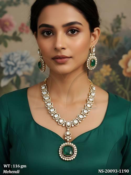 Designer Emerald Stone Kundan Necklace Set For Wedding Wear